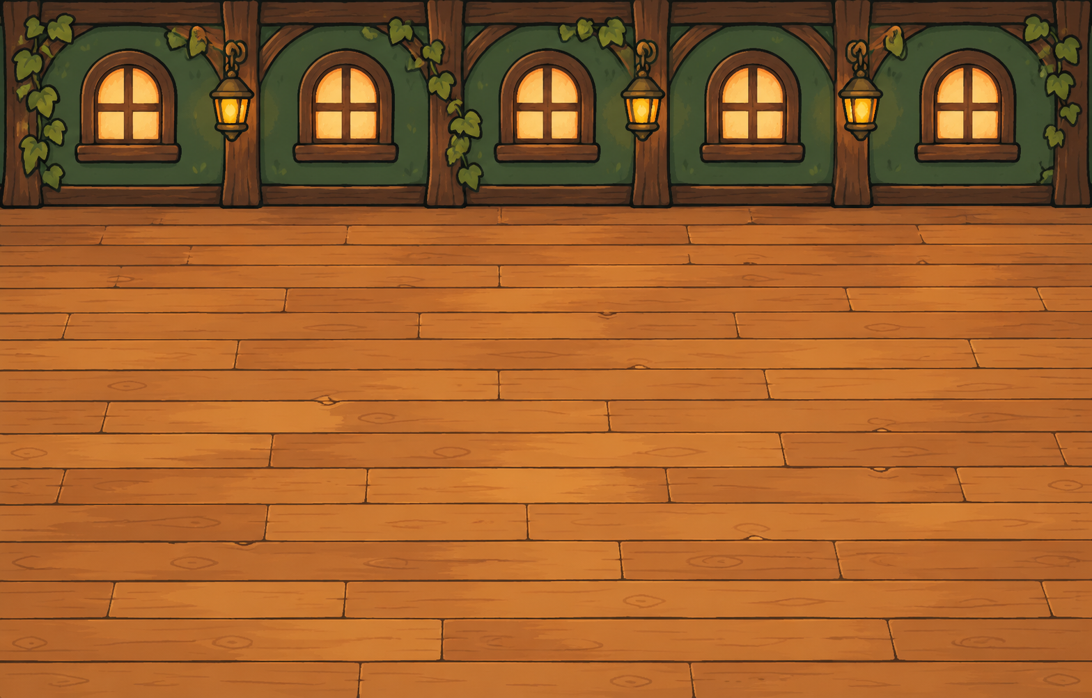 A warm timber tavern with amber windows and a forest-green wall